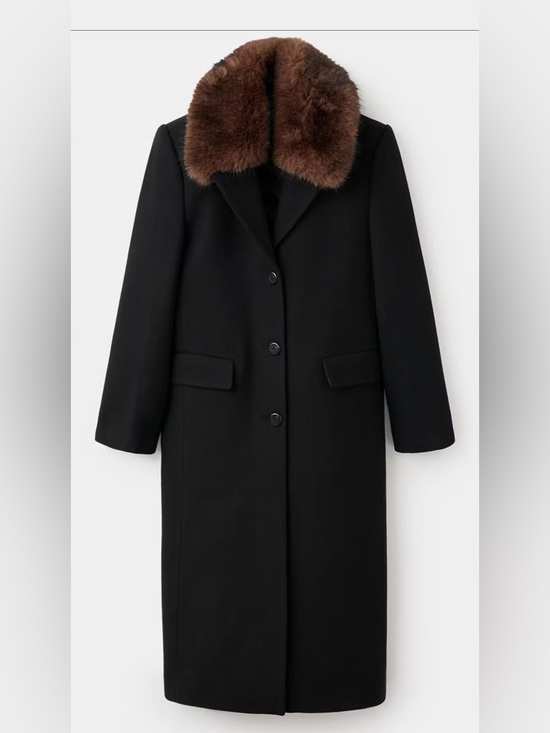 Mango Jackets & Blazers - MANGO Black Wool Coat with Brown Fur Collar
